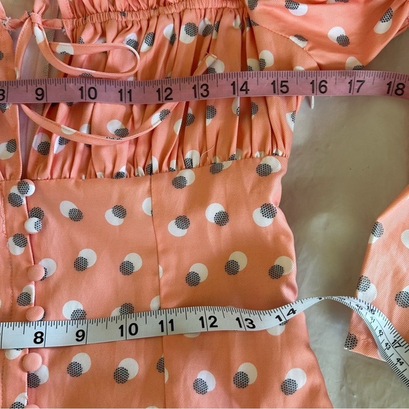 EGGIE X UO Puff Sleeve Button Front Fitted Babydoll Dress Size S Peach Dot NWT - Picture 12 of 13